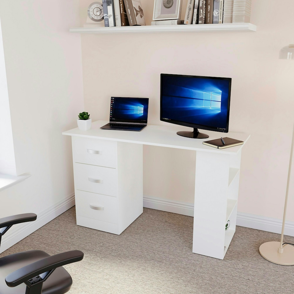 image 1 of Vida Designs Mason 3 Drawer 3 Shelf Computer Desk Home Office Workstation, White