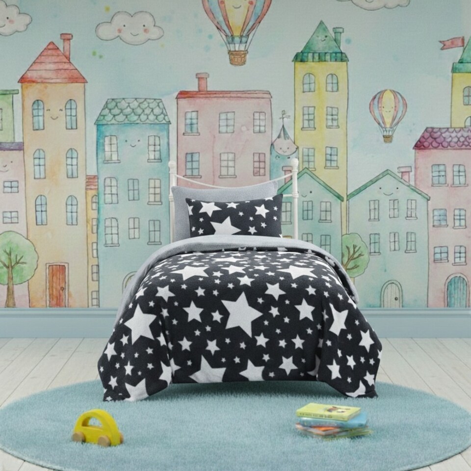 image 1 of Stars Kids Teddy Duvet Cover Set Ultra Soft Bedding with Pillowcase | Grey | Single