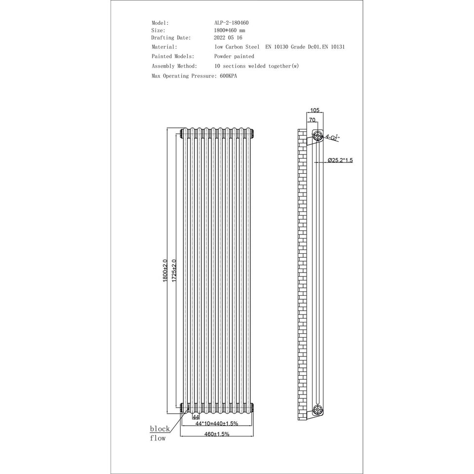 image 1 of Alpha - Black Vertical Column Radiator H1800mm x W460mm 2 Column