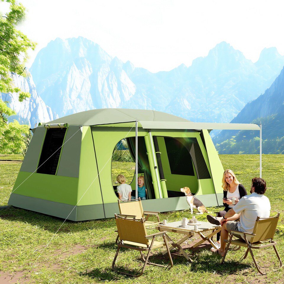 image 1 of Outsunny Two Room Dome Tent Camping Shelter with Porch and Portable Carry Bag