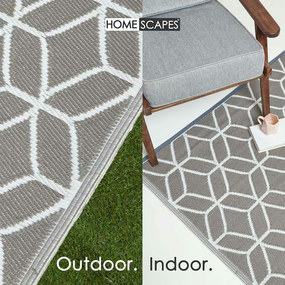 image 1 of Homescapes Outdoor Rug Luxury Waterproof Reversible, For Garden, Geometric | Grey | Grey