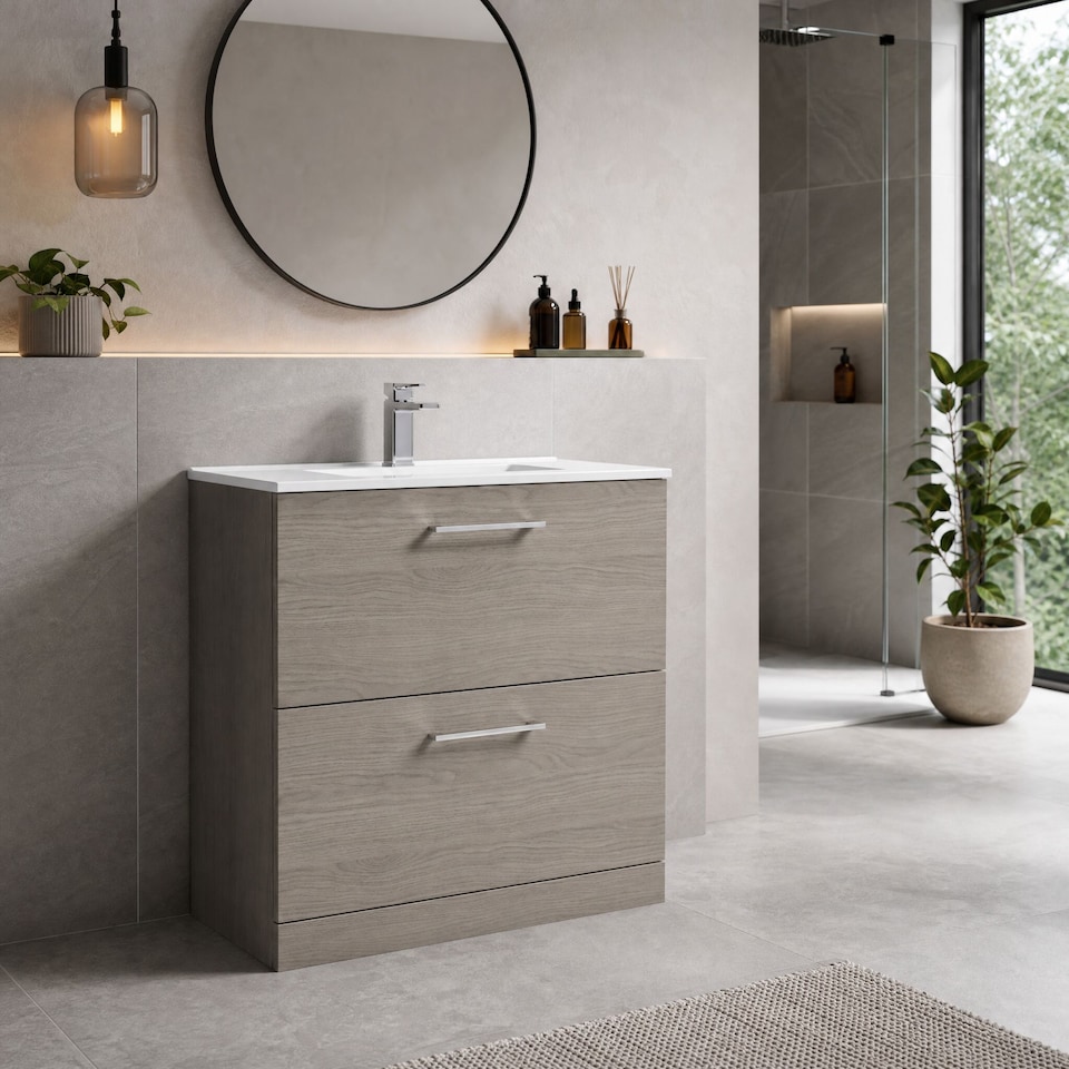 image 1 of Balterley Contemporary Bathroom 2 Soft Close Drawer & Minimalist Floor Standing Vanity Unit Basin | Brown | Solace Oak | 815 x 800 x 390mm