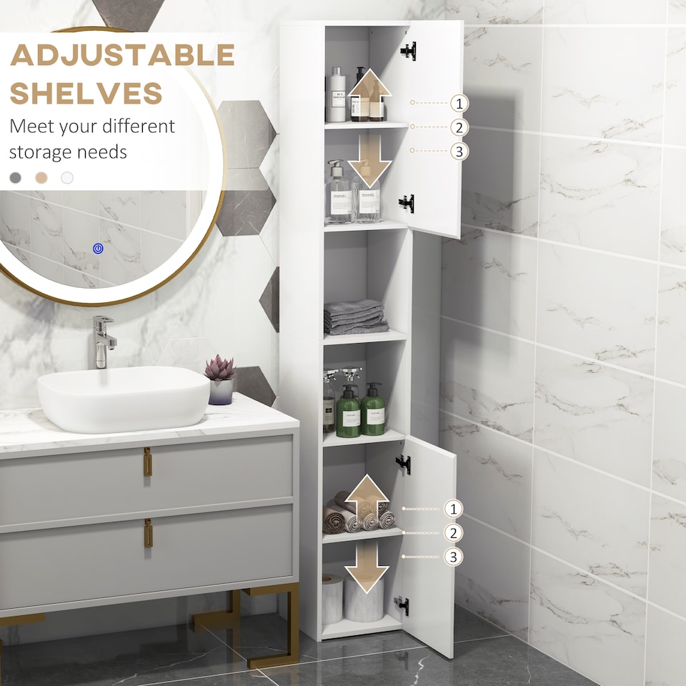 image 1 of kleankin High Gloss Bathroom Cabinet, Free Standing Storage Cupboard with Doors and Adjustable Shelves, White