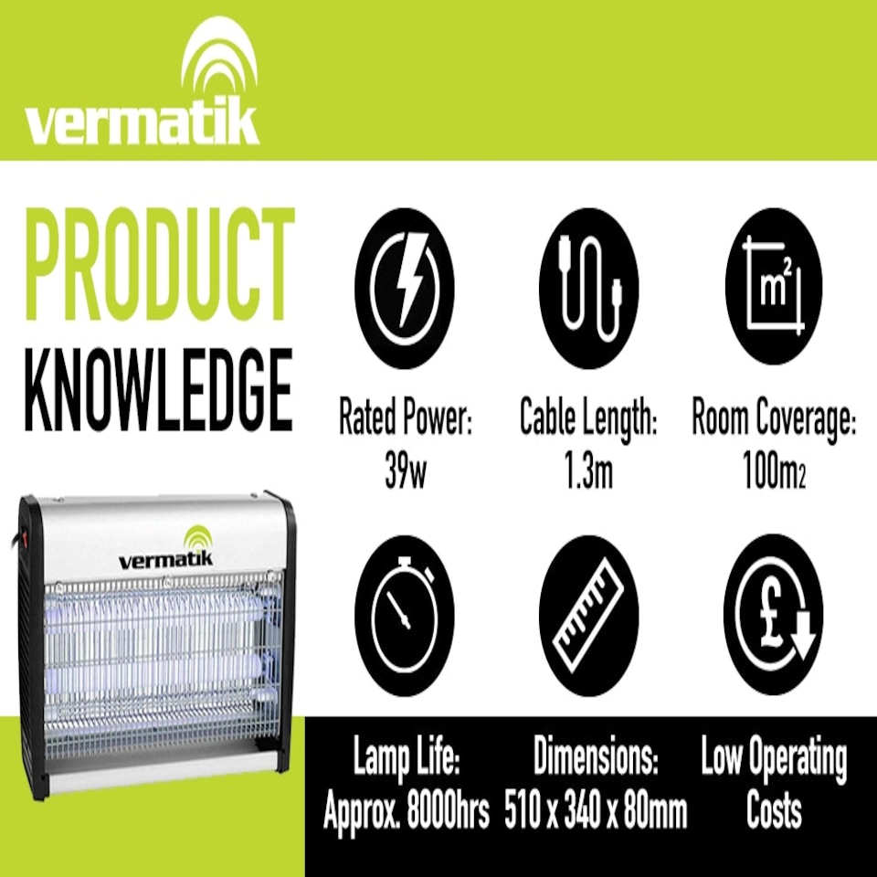 image 1 of Vermatik 39W Electric Insect Fly Killer Bug Zapper 100m2 Room Coverage 50x90x32.5cm