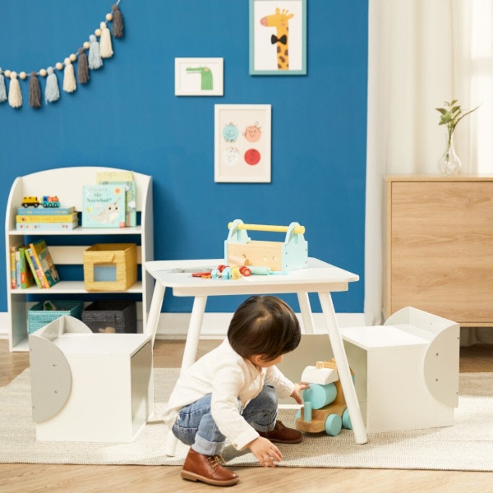 image 1 of Teamson Kids Biscay Bricks Square Table and Two Chair Cubes with Underneath Storage, Grey/White