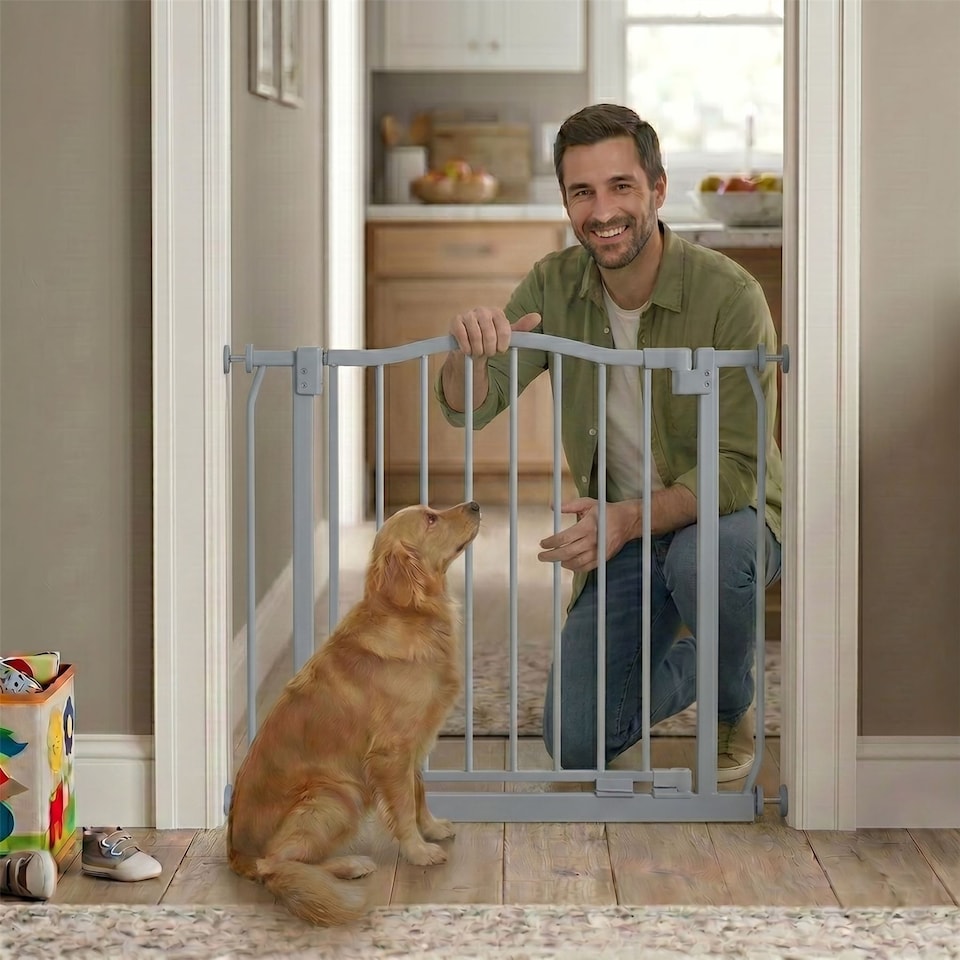image 1 of Safetots Curved Top Safety Gate, 207cm - 216cm, Matt Grey, Pressure Fit Stair Gate, Baby Gate for Doors Hallways and Spaces, Safety Barrier, Easy Installation