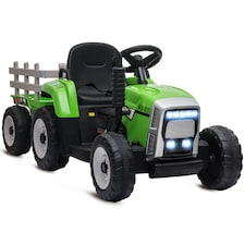 HOMCOM Kids Electric Car, 12V Electric Ride on Tractor and Trailer with Detachable Trailer Remote Control, USB, Horn, Lights, Start-Up Sound, for Ages 3-6 Years, Green