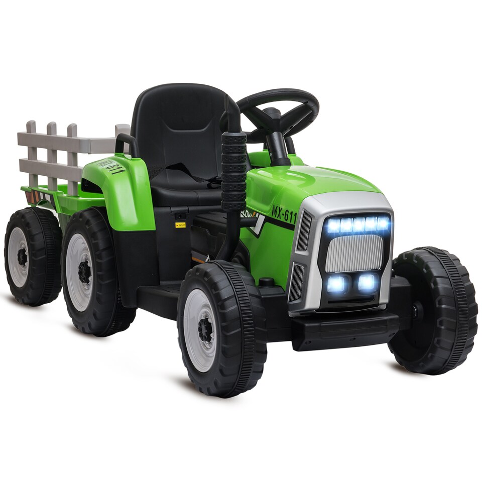 image 1 of HOMCOM Kids Electric Car, 12V Electric Ride on Tractor and Trailer with Detachable Trailer Remote Control, USB, Horn, Lights, Start-Up Sound, for Ages 3-6 Years, Green