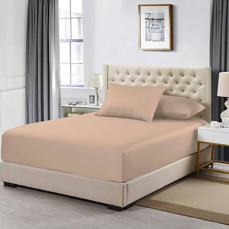 image 1 of Homes-Linen 200 Thread Count 100% Egyptian Cotton 30 CM Deep Pocket Fitted Sheet N/A | Beige | Super King