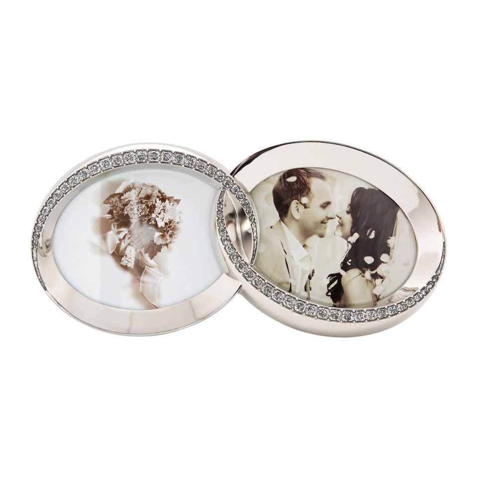 image 1 of Double Heart Silver Picture Frame with Square Etched Diamante Crystals | Silver | 4" x 4"