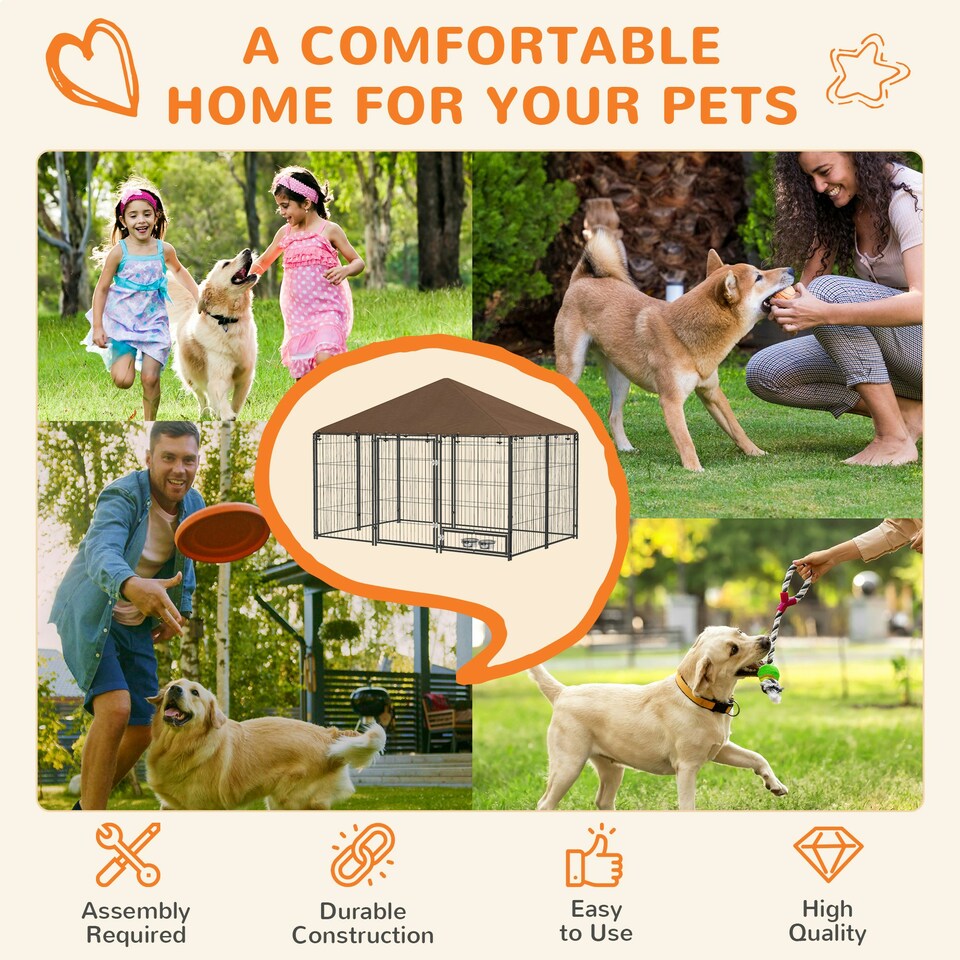 image 1 of PawHut Outdoor Dog House Kennel with Canopy Top & Lock Rotating Bowl Holder