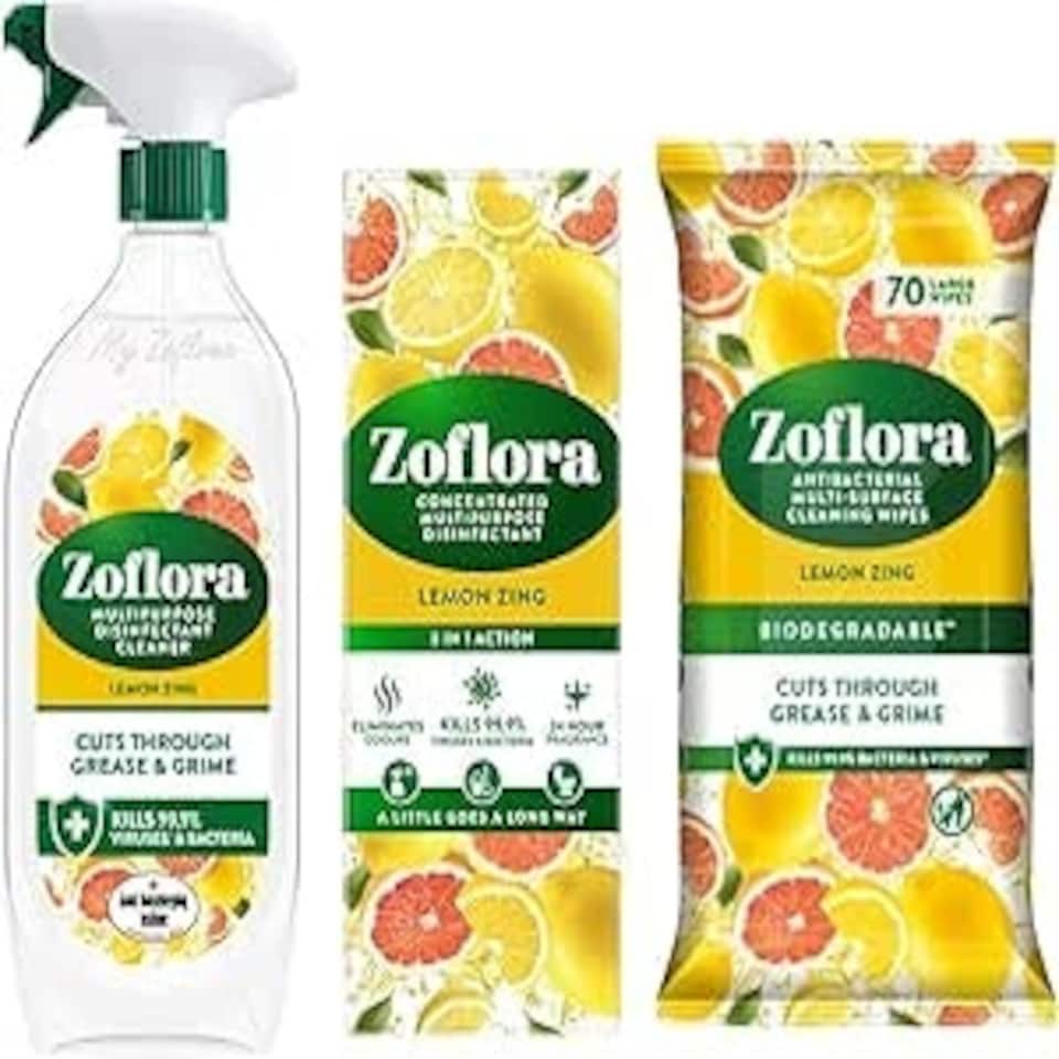 image 1 of Zoflora Lemon Zing Bundle - Multipurpose Disinfectant Trigger Spray, 1 x 800ml, Concentrated Disinfected Liquid, Biodegradable Wipes. (One of each)