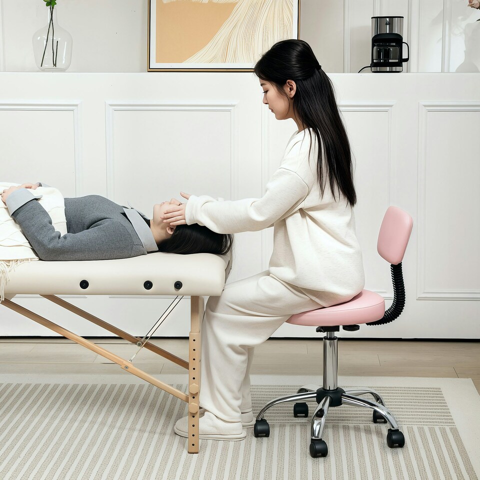 image 1 of HOMCOM Rolling Stool with Backrest, Wheels Pink