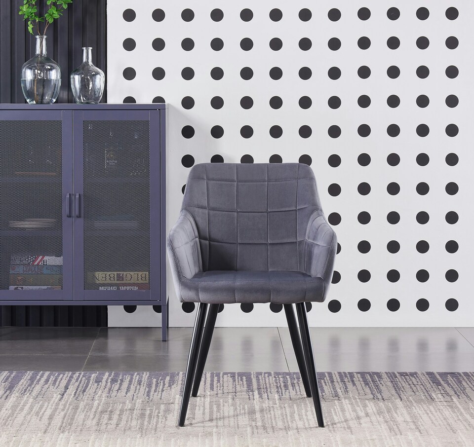 image 1 of Set of 2 Camden Modern Velvet Dining Chairs with Armrests, Quilted Design & Black Metal Legs | Grey | Dark Grey