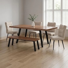 6-Piece Dining Set, Expandable Dining Table with 4 Beige Padded Chairs+Bench