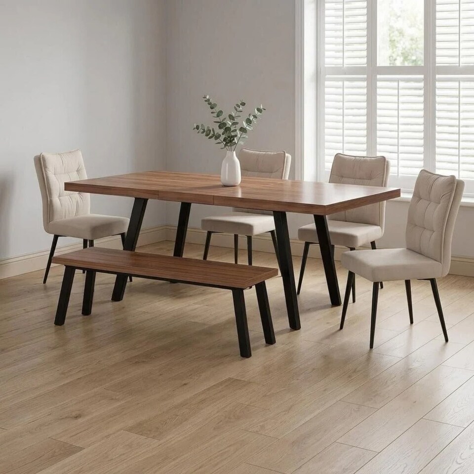 image 1 of 6-Piece Dining Set, Expandable Dining Table with 4 Beige Padded Chairs+Bench