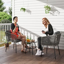 Outsunny 3 Piece Rattan Bistro Set, Patio Wicker Conversation Furniture Set with 2 Chairs, Tempered Glass Table, Cushions, Adjustable Foot Pads, for Garden, Balcony, Grey