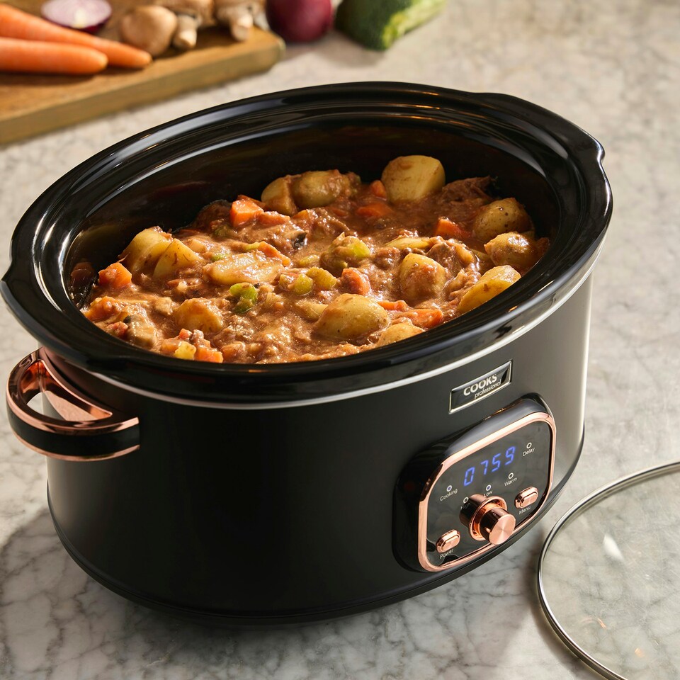 image 1 of Cooks Professional Digital Slow Cooker 6.5L with Dishwasher Safe Bowl, 2 Heat Settings, Keep Warm & Delay Functions | Black & Rose Gold
