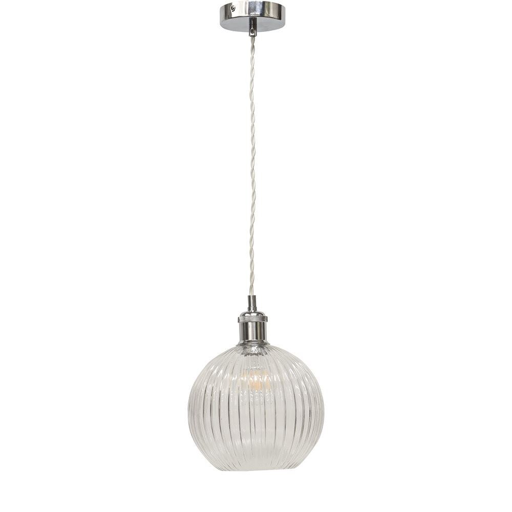 First Choice Lighting Betchley - Clear Ribbed Glass Globe Chrome Retro Pendant Fitting