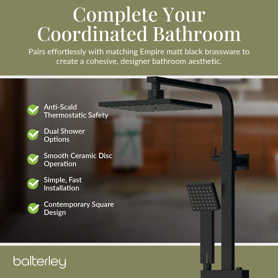 image 1 of Thermostatic Shower Kit Fixed HeadAdjustable Handset Matt Black | Black | Matt Black | 1