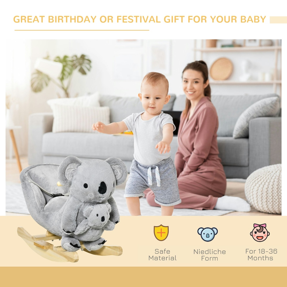 image 1 of HOMCOM Kids Plush Ride-On Rocking Horse Koala-shaped Toy w/ Gloved Doll Grey