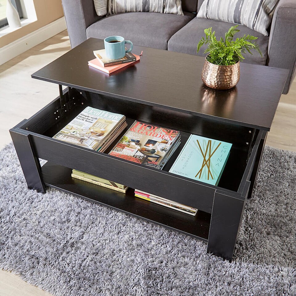 image 1 of Wooden Coffee Table With Lift Up Top Storage Area and Magazine Shelf | Black