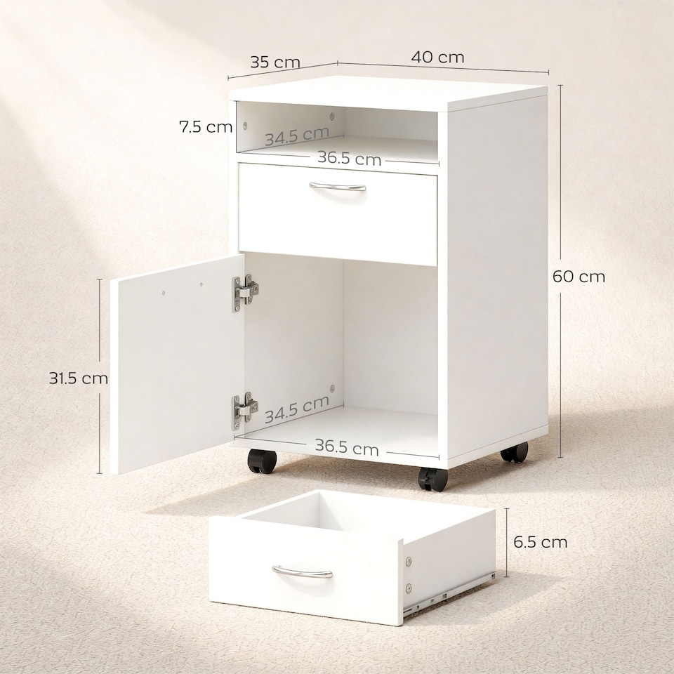 image 1 of HOMCOM 60cm Mobile Filing Cabinet for A4 with Drawers and Open Shelf, White