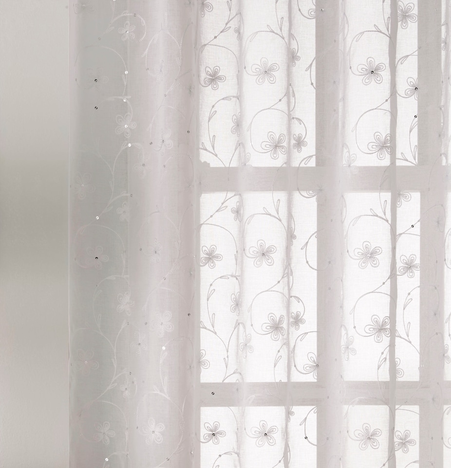 image 1 of Pair of Belle White Sheer Floral Embroidery Voile Panels with Rod Pocket Header 137 CMS