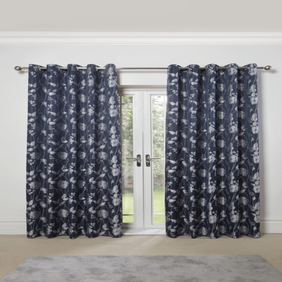 image 1 of Meadows Lined Eyelet Jacquard Curtains 228cm x 183cm Navy Blue | Blue