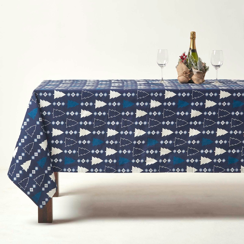 image 1 of Homescapes Blue Winterland 100% Cotton Christmas Tablecloth - 178 x 305 cm | Blue | 178cm x 305cm (70" x 120")