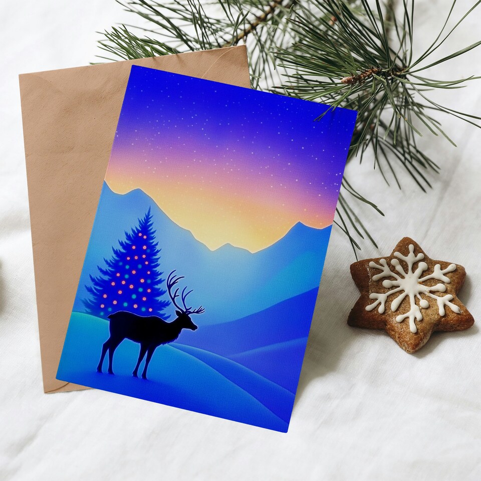 image 1 of Greeting Card Winter Wonderland Sunrise Reindeer Decorated Tree Blank For Him Or Her Art Xmas Christmas Card
