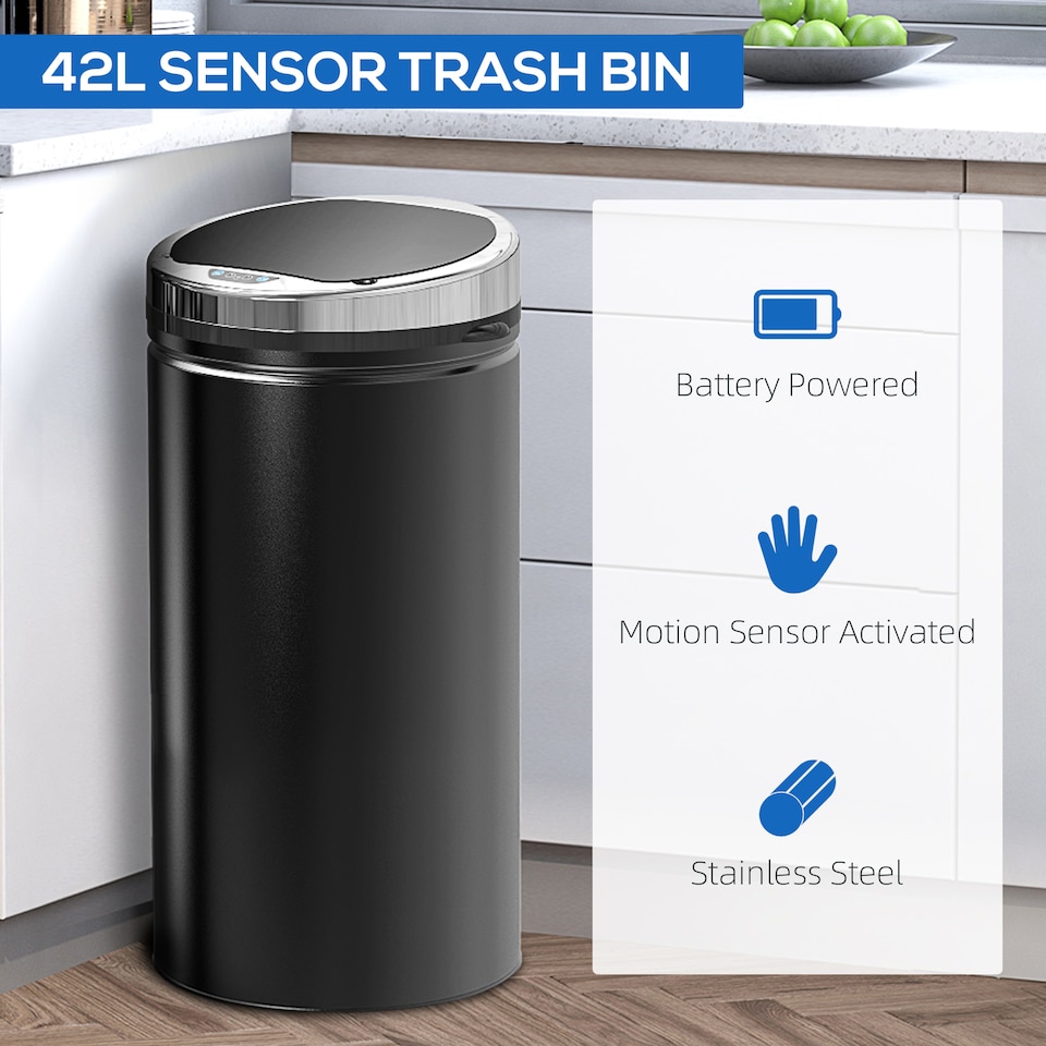image 1 of HOMCOM Stainless Steel Sensor Bin, 42L Kitchen Touch Bin, Automatic Trash Can with Inner Bucket, Soft Close, Dustbin, Black | Black | 1