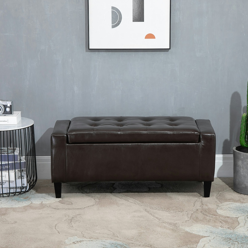 image 1 of HOMCOM 40x90cm PU Leather Storage Ottoman Bench Wood Frame w/ Tufting Feet Brown
