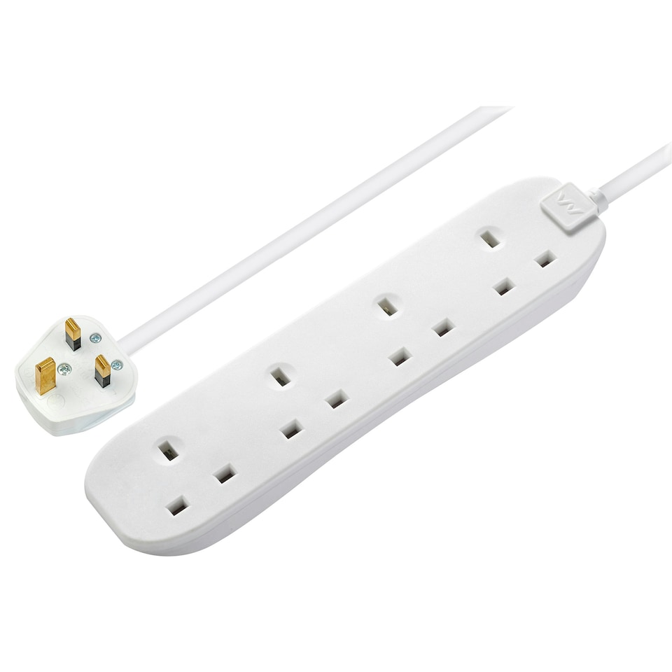 image 1 of Masterplug 4 Socket Extension Lead with 2m Cable, Wall-Fixing, White