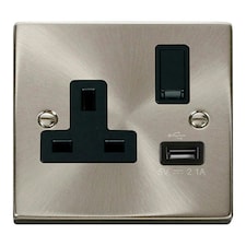 SE HOME Satin / Brushed Chrome 1 Gang 13A DP 1 USB Switched Plug Socket Black | Satin Chrome