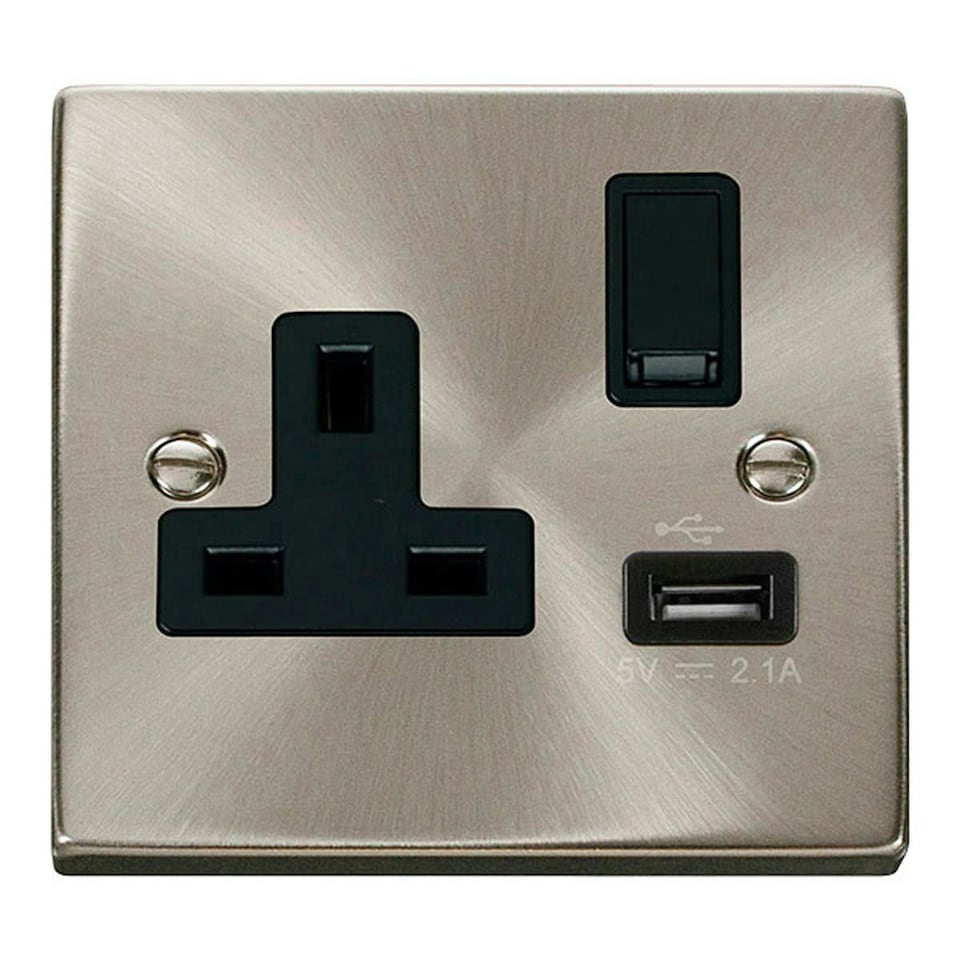 image 1 of SE HOME Satin / Brushed Chrome 1 Gang 13A DP 1 USB Switched Plug Socket Black | Satin Chrome