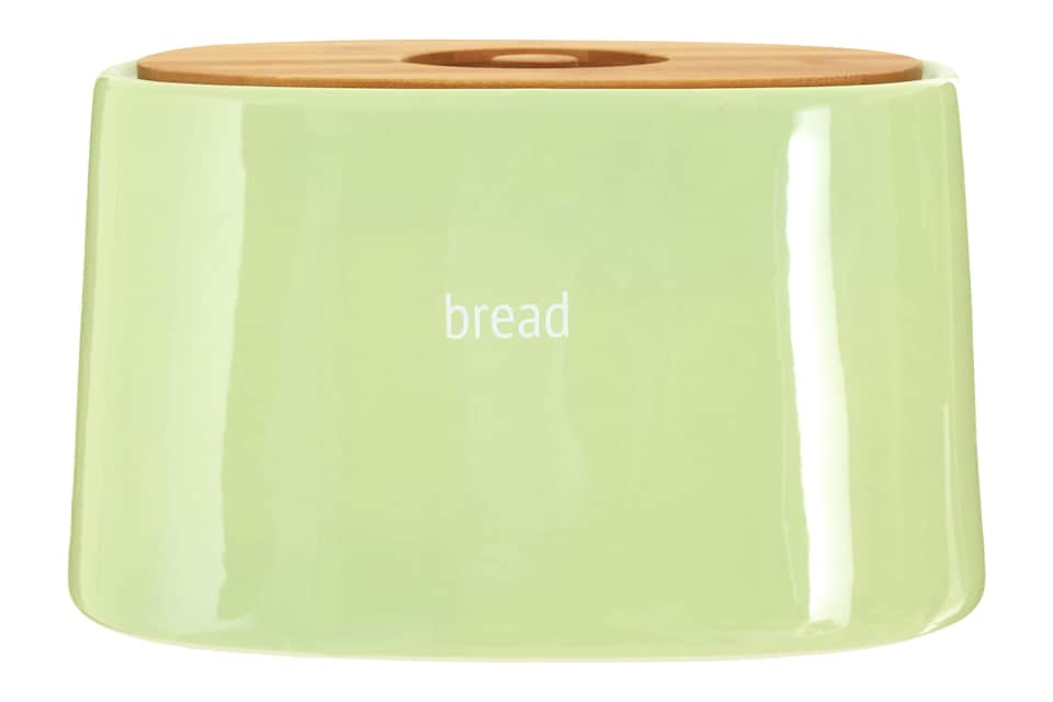 image 1 of Orsina Luxe Green Ceramic Bread Bin, Tapered Bread Box with Bamboo Lid, Large Bread Storage Container For Loaves