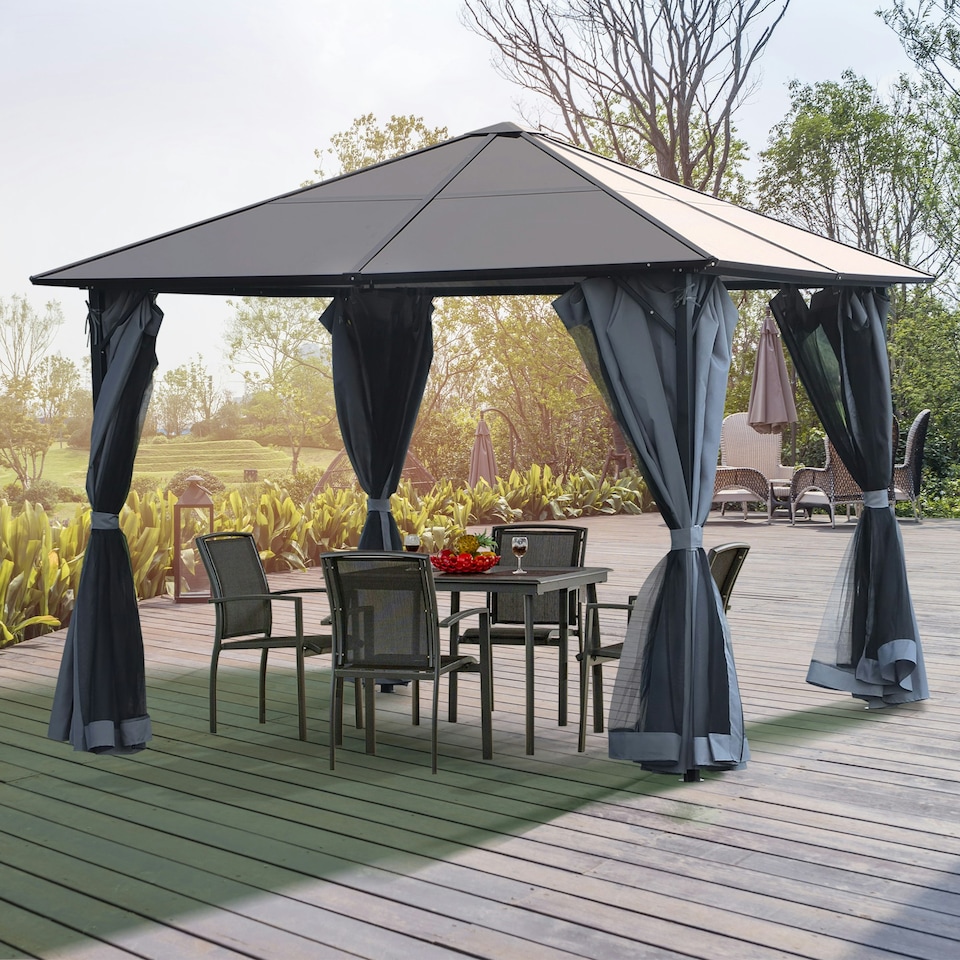 image 1 of Outsunny 3 x 3(m) Polycarbonate Hardtop Gazebo with Aluminium Frame and Curtains