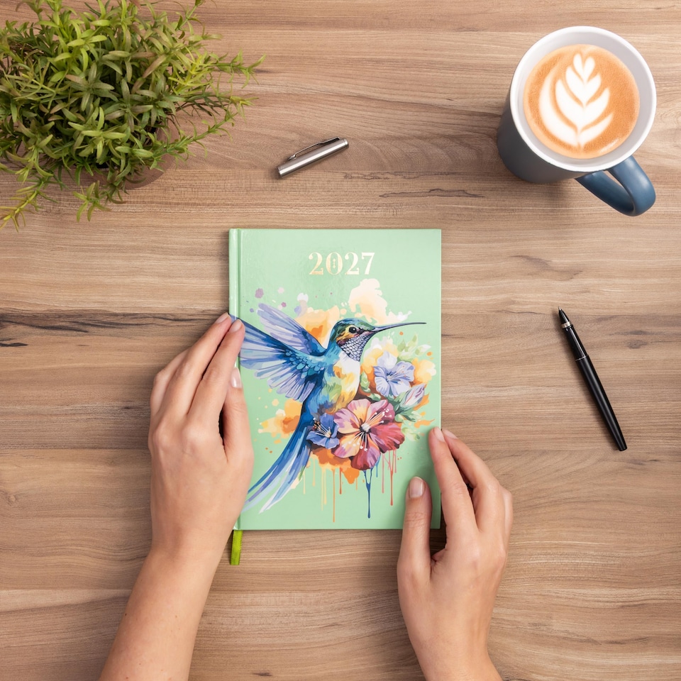 image 1 of 2027 Diary A5 Week to View - Beautiful Hummingbird Hardback Planner with Ribbon Bookmark - Runs January 2027 to December 2027 (Bird)