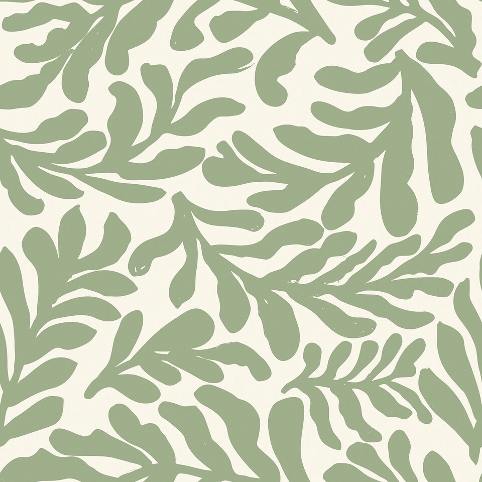 image 1 of Coral Leaf Wallpaper in Pistachio on Cream | Green | Pistachio Coral Leaf | 50cm x 10m