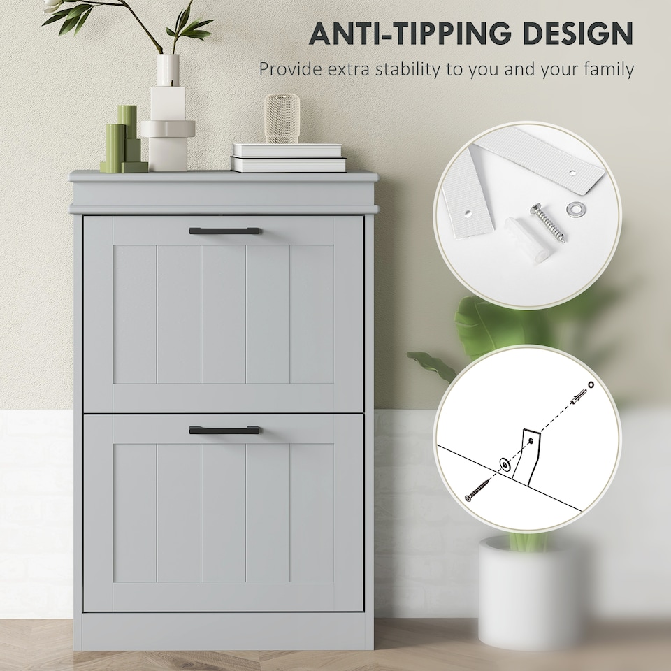 image 1 of HOMCOM Slim Shoe Storage Cabinet with 2 Flip Drawers for Entryway, Grey | Grey