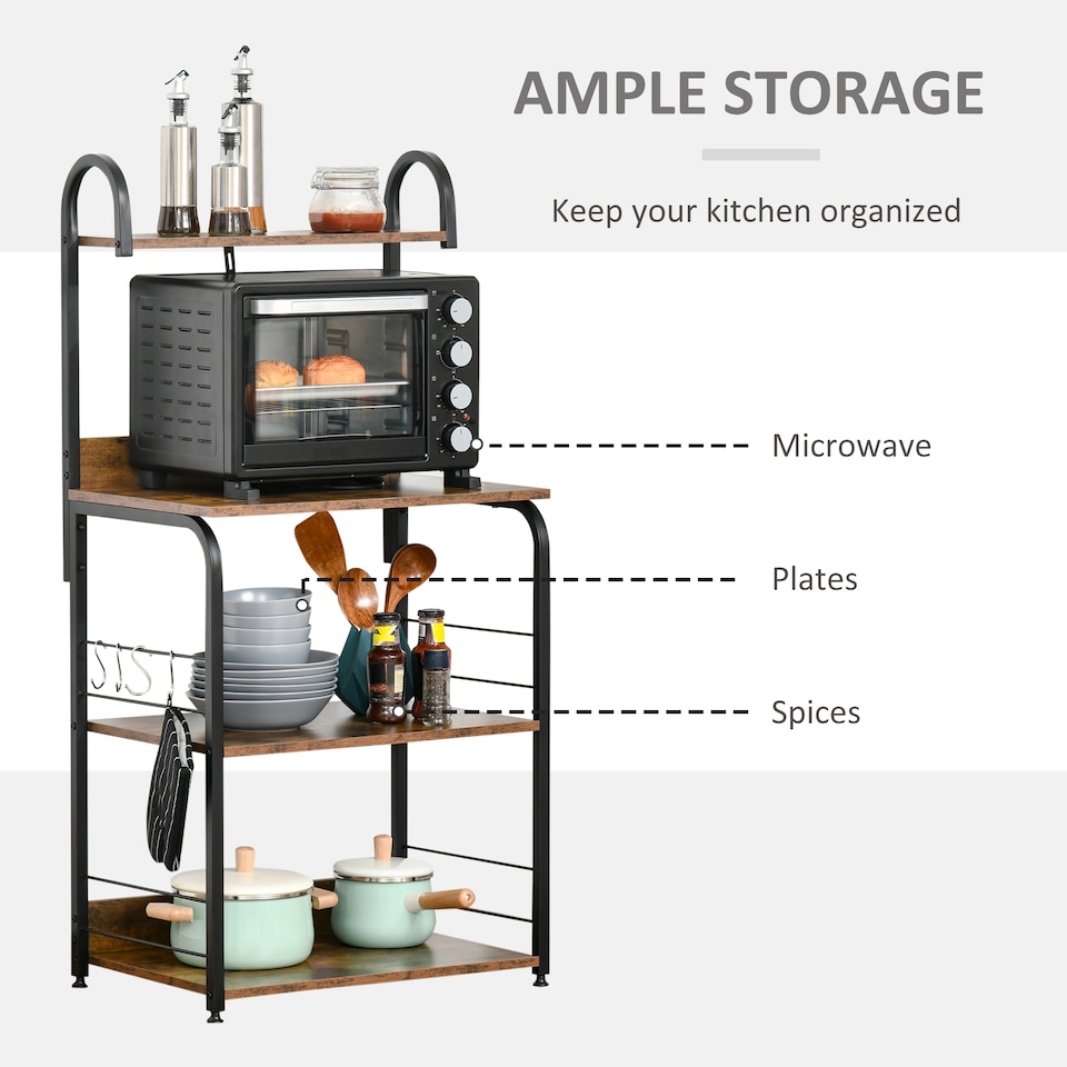image 1 of HOMCOM 4-Tier Baker's Rack with Storage, Microwave Stand with 4 Hooks