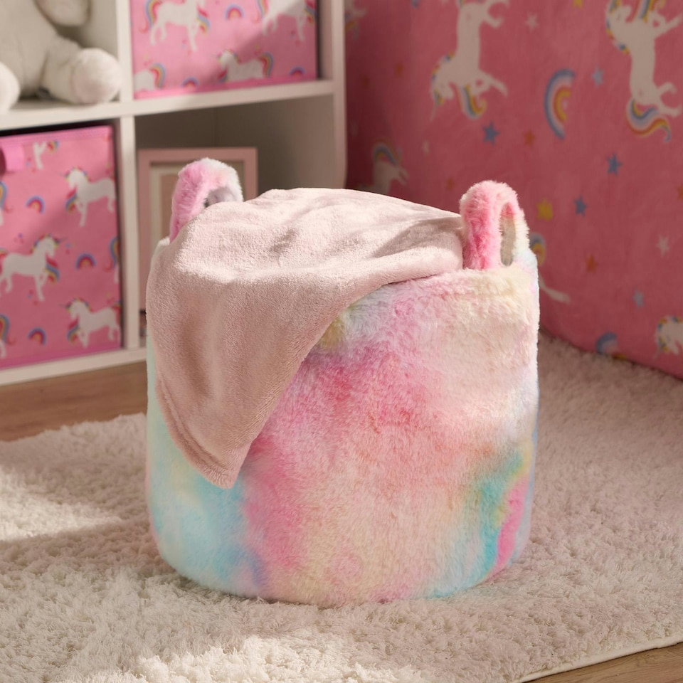 image 1 of OHS 2 Pack Tie Dye Storage Basket Soft Faux Fur Fleece Laundry Clothes Toys Organiser Hamper With Handles | Multi