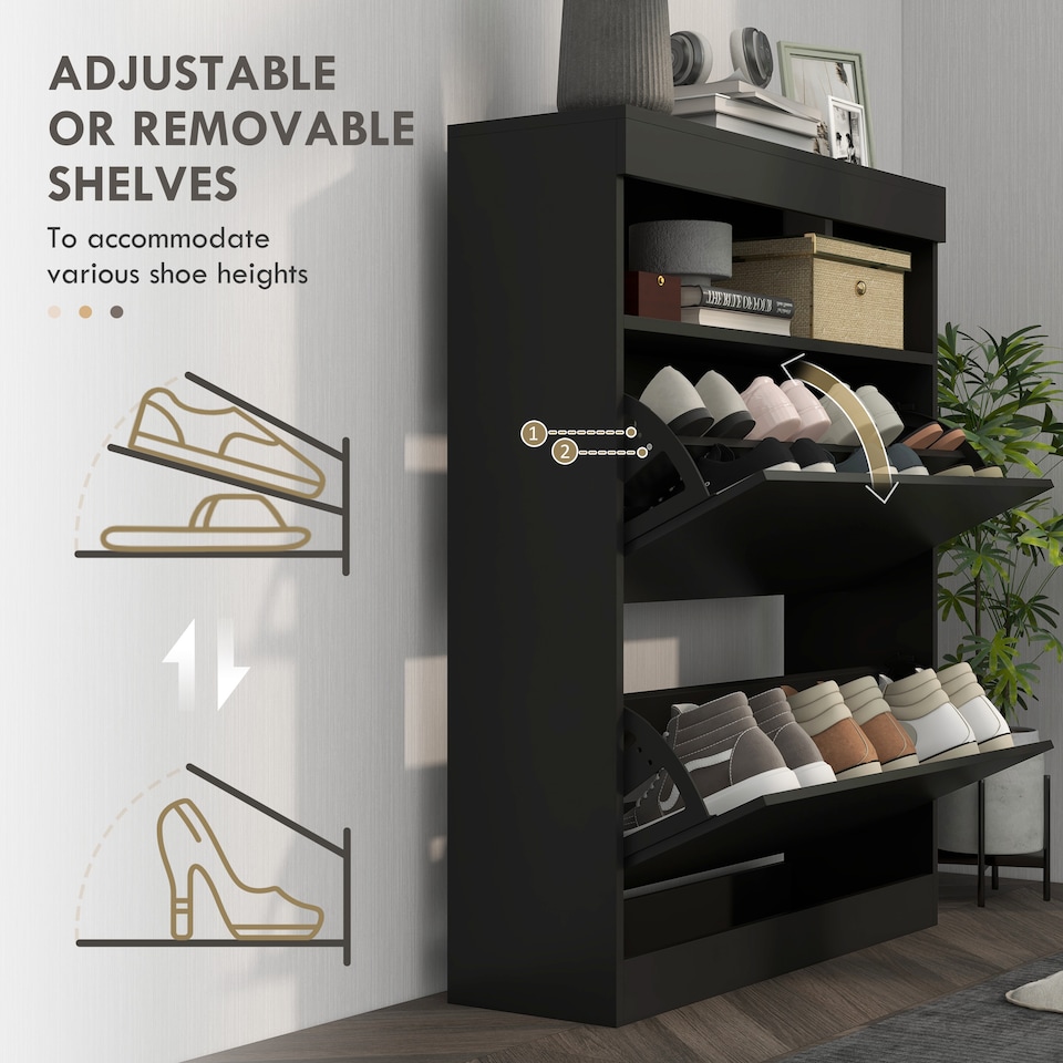 image 1 of HOMCOM Narrow Shoe Cabinet, Wall Mounted or Freestanding Shoe Storage Cabinet with 2 Flip Drawers and Open Shelf for 12-16 Pairs of Shoes for Entryway, High Gloss Black