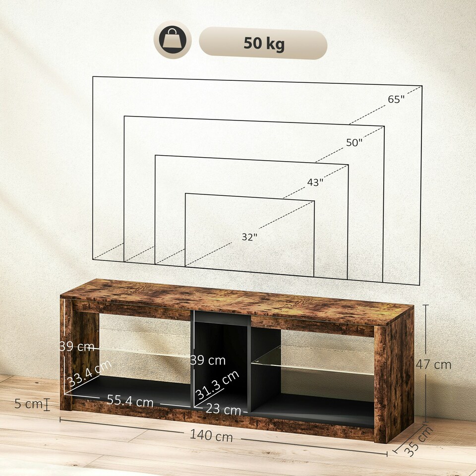 image 1 of HOMCOM TV Stand, Entertainment Centre with LED Lights, Rustic Brown | Brown | 1