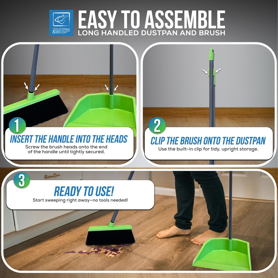 image 1 of Long Handled Upright Dustpan and Brush Set Ergonomic Standing Sweeper