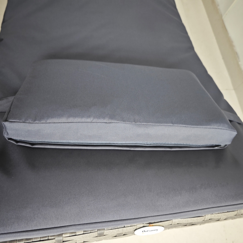 image 1 of Outsunny Folding Rattan Sun Lounger, Wicker Garden Lounger with Cushion and Pillow, Outdoor Sunbed with Steel Frame for Patio, Beach, Terrace, Grey