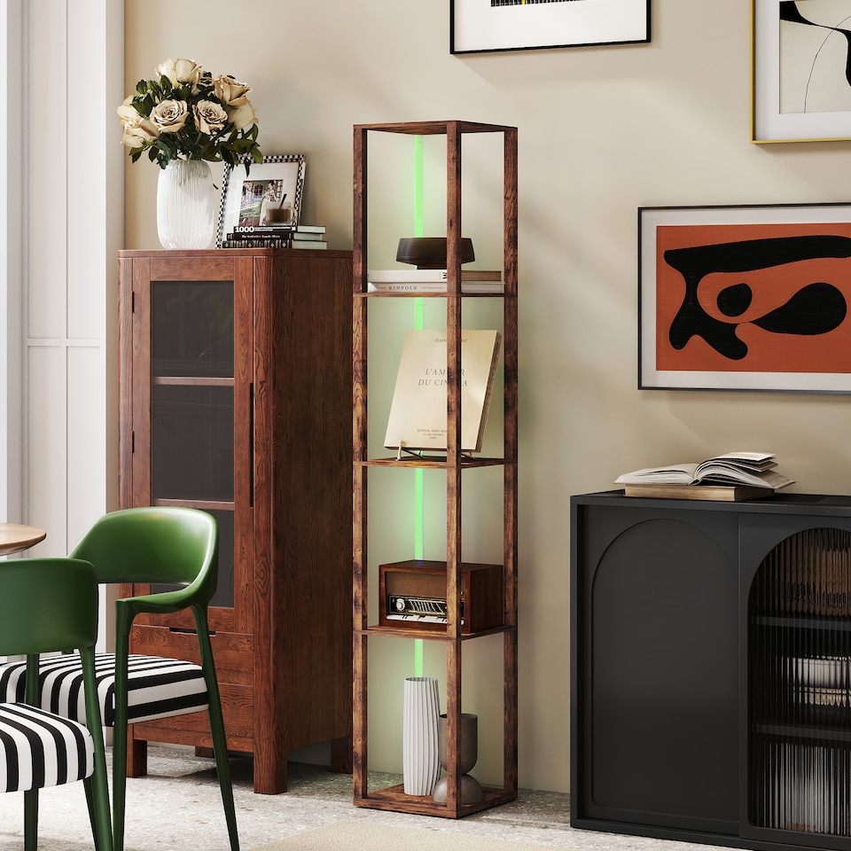 image 1 of HOMCOM RGB LED Floor Lamp with Shelves, Modern Dimmable Standing Lamp with Remote Control, Adjustable Brightness & Speed for Living Room, Bedroom, Office, Rustic Brown | Brown