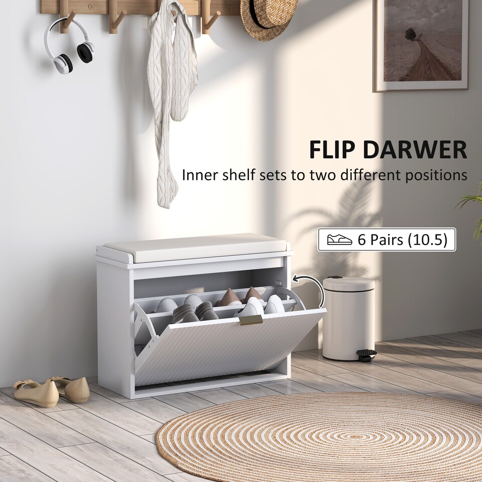 image 1 of HOMCOM Shoe Storage Bench with Cushion and Flip-Drawer 62x26x47.5cm White