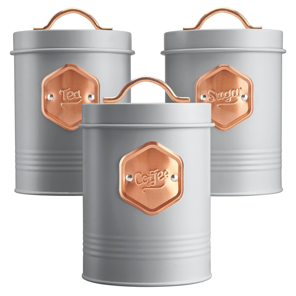image 1 of Cooks Professional Kitchen Storage Set | 3-Piece | Tea Coffee Sugar | Grey & Copper